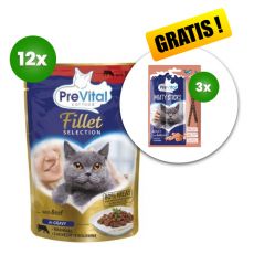 PreVital Fillet Selection saszetka z wołowiną w sosie 12 x 85 g + 3 x przysmak GRATIS