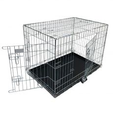 Double door dog cage in silver zinc coating, with plastic tray 122L×79W×86H CM